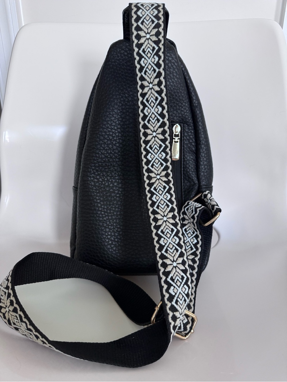 Black Leather Sling Backpack w Embroidered Boho Guitar Strap Crossbody Backpack - Picture 5 of 14